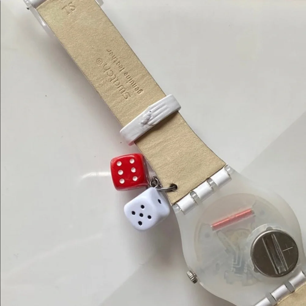 SWATCH WATCH Star Feelings Mini Dice Leather Band Red White Stars Stripes NEW - Picture 4 of 4